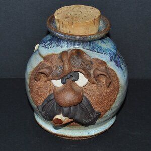 Vintage 1980 Mahon Signed Stoneware Smoking Funny Face Stash Jar & Cork Lid